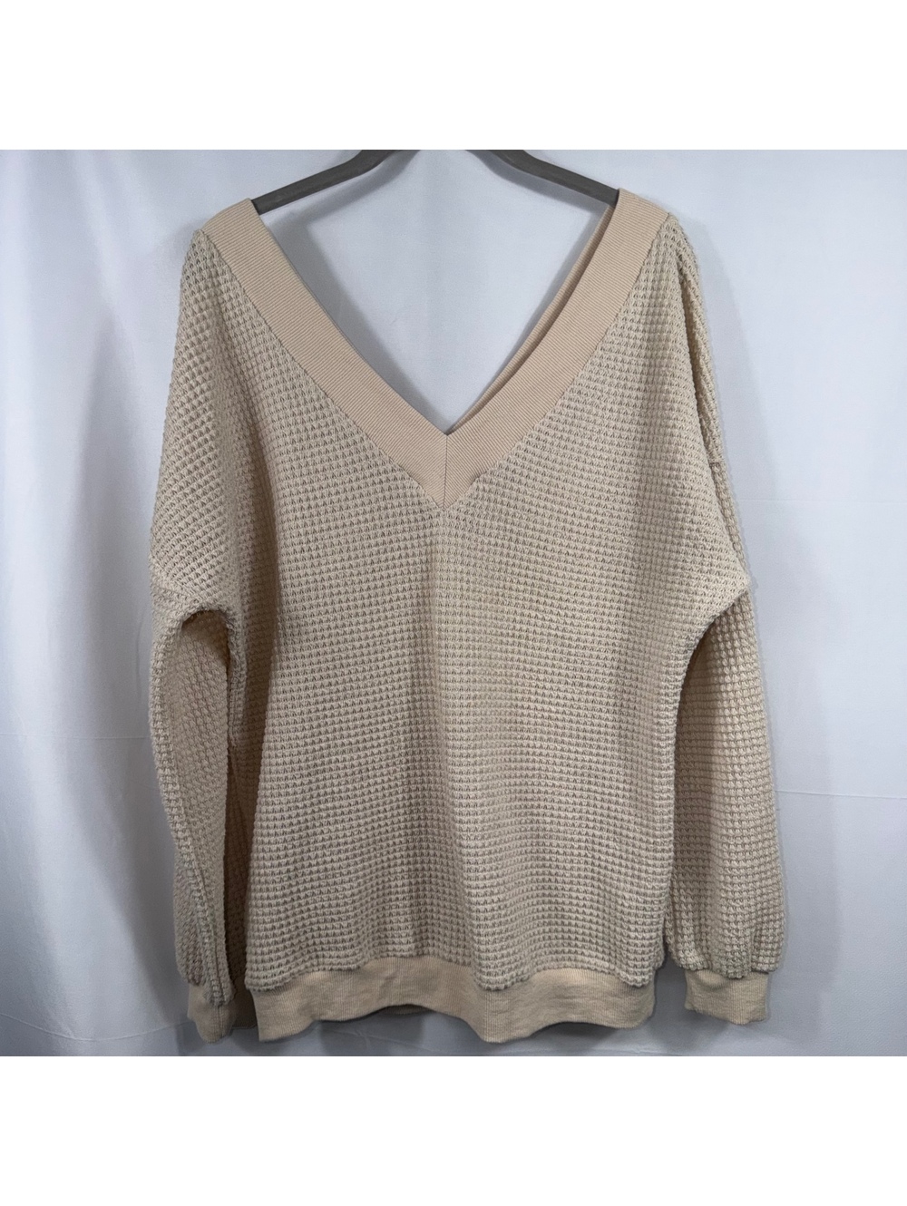 Adreamly Women’s Small Beige Waffle Knit V-Neck Oversized Sweater